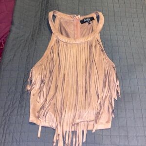 Camel colored suede-like fringe top